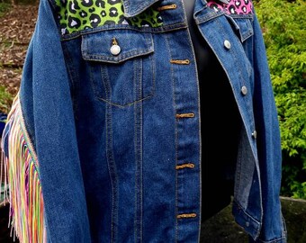 ACID BETTY - Custom Festival Denim Jacket Fringe Neon Animal Print Pink Green Multi Vintage Coat Funky Unique Psychedelic Trippy Jean