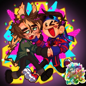 May include: Digital illustration of two cartoon characters in a dynamic pose, set against a vibrant background. One character has brown hair and a green jacket, the other wears blue and red clothing. The artwork features hearts and stars.