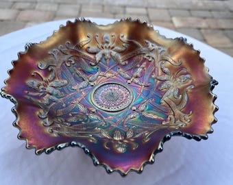 Northwood Carnival Glass “Wishbone” Bowl 8” Amethyst Pie-Crust Edge
