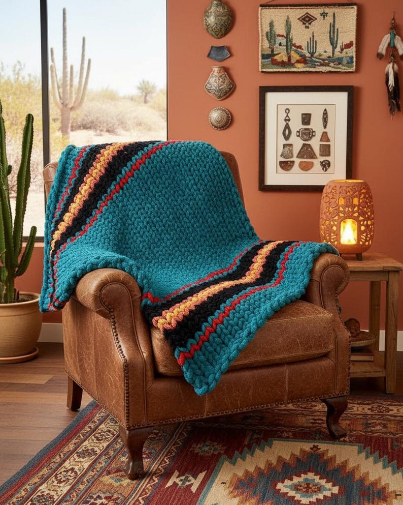 K&ouml;nnte beinhalten: Eine t&uuml;rkisfarbene Strickdecke mit schwarzen, roten und gelben Streifen, die &uuml;ber einem braunen Ledersessel drapiert ist. Die Textur der Decke ist grob und sichtbar. Der Raum hat ein s&uuml;dwestliches Thema mit einem Kaktus im Topf und Wanddekorationen.