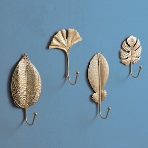 Nordic Gold Leaf Wall Hooks for Hanging Clothes, jewelry decorative - Wall modern Decorations Golden Leaves, set coat hooks hangers art deco