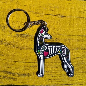 Sugar Skull Ibizan Hound / Podenco metal keychain UNIQ design by Le Chien ArtistiQ