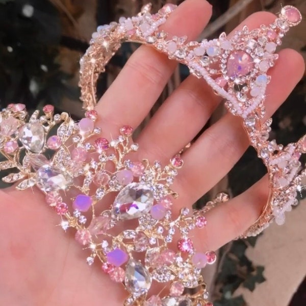 Tiara de cristal rosa y tiara de pedrería para adultos / niños / corona de cumpleañera, tiara de fiesta de cumpleaños, corona de princesa, joyería para niños / graduados