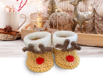 Reindeer Baby Booties, Cuff Baby Booties, Crochet Baby Booties, Cot Shoes, Booties, Baby, Baby Slippers, Crochet, newborn, Christmas