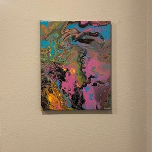 Acrylic pour painting, custom pour painting, 14x10, original acrylic painting on canvas, hand painted, abstract art, Retro, 80s themed
