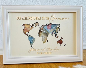 Personalized money gift for the wedding with world map