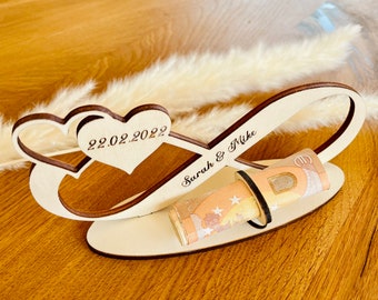 Money gift for the wedding, infinity with the names of the bride and groom and the date
