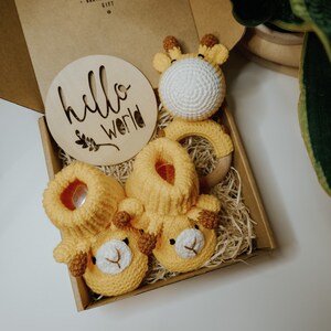 Personalized Newborn Gift Box: Crochet Rattle & Baby Booties