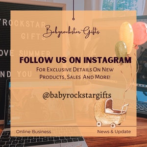 K&ouml;nnte beinhalten: Ein Bild mit dem Text "Babyrockstar Gifts" und "Follow us on Instagram". Das Bild enth&auml;lt auch eine Zeichnung eines Kinderwagens und Luftballons. Der Hintergrund ist hellorange.