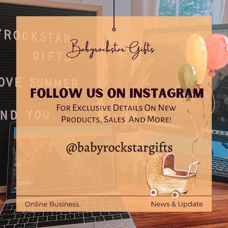 K&ouml;nnte beinhalten: Ein Bild mit dem Text "Babyrockstar Gifts" und "Follow us on Instagram". Das Bild enth&auml;lt auch eine Zeichnung eines Kinderwagens und Luftballons. Der Hintergrund ist hellorange.