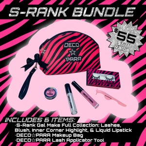 Pode incluir: Um conjunto de maquiagem com um design de estampa de zebra rosa e preta. O conjunto inclui uma bolsa de maquiagem, cílios, blush, iluminador interno, batom líquido e uma ferramenta aplicadora de cílios. O texto "S-RANK BUNDLE" está no topo.