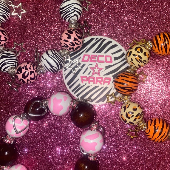 Gyaru Animal Print Beaded Rhinestone and Stars Bracelet Pink
