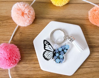 Floral Butterfly Keychain | Blue Butterfly Keychain | Acrylic Keychain w/ Tassel