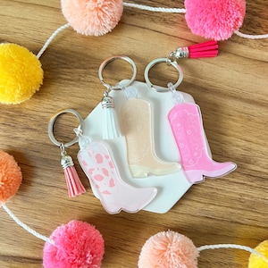 Pink Cowgirl Boot Keychain | Cow Print Cowgirl Boot Keychain with Tassel