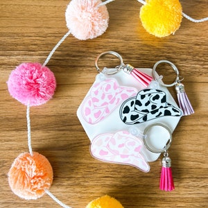 Cow Print Cowgirl Hat Keychains with Tassels