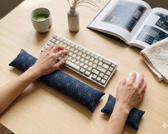 刺し子柄キーボードリストレストセット、アサノハ藍染めそば殻マウスリストピロー、ジャパンディ侘び寂びインテリア、卒業祝い、先生への贈り物