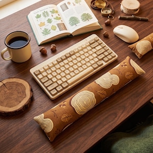 Peut inclure: Une composition sur un bureau en bois présente un clavier beige, un livre ouvert intitulé "North American Trees" et une tasse de café. S'y ajoutent une souris, des glands et un coussin en forme de bûche avec un motif d'anneaux d'arbre.