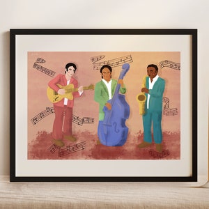 Jazz Art Print &quot;Funk Trio&quot; Pink, Jazz Music Art, Music Gift for Boyfriend, Living Room Wall Art Prints, Music Decor, Jazz Lover Gift Funky
