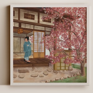 Japanese Cherry Blossom, Woman in Kimono Digital Art, Gift for Her, Japan Art Print, Japanese Cherry Blossom Tree Poster, Asian Wall Art