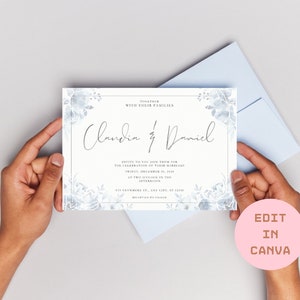 Editable Soft Blue Wedding Invitation Instant Download Canva