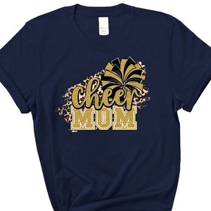 Leopard Print Cheer Mom Shirt | Black and Gold Glitter Cheer Mom Crew Neck T-Shirt