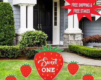 5pc Sweet One Strawberry Yard Sign Cutout / Sweet One 1st Birthday Yard Sign / Fresa Tema Decoración de Cumpleaños / Estacas Gratis Envío Gratis