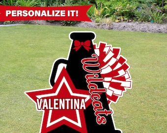 Personalized Cheer Yard Sign | Custom Megaphone Cheerleader Yard Sign w Free Stakes and Free Shipping | Personalize with Name and Team