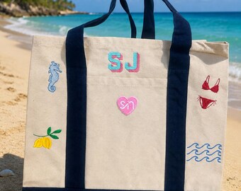 Bolso de lona con monograma bordado personalizado, incluye monograma inicial, regalo personalizado, regalo para damas de honor, bolso de barco, bolso de playa