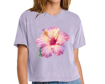 Camiseta cuadrada con estampado de hibisco para mujer / Camiseta con estampado de hibisco para verano / Camiseta para vacaciones en la playa