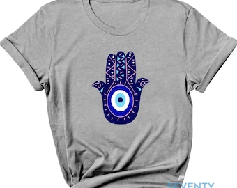 Camiseta con gráfico de mal de ojo, camiseta unisex, camiseta con mano de Hamsa, camiseta unisex Good Vibes Only