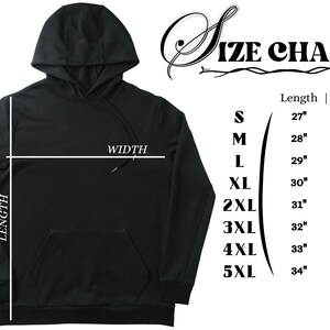 May include: Size chart for a hooded sweatshirt with measurements in inches for length and width. Sizes range from S to 5XL.