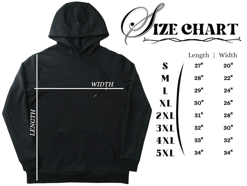 May include: Size chart for a hooded sweatshirt with measurements in inches for length and width. Sizes range from S to 5XL.