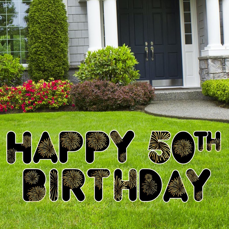 15pc Happy 50th Birthday Yard Sign Kit, Fireworks Celebration 50th
