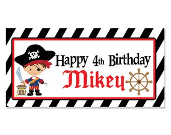 May include: A black and white striped banner with a red border. The banner says "Happy 4th Birthday Mikey" in black and red text. A cartoon pirate with a sword and a treasure chest is on the left side of the banner. A brown ship's wheel is on the right side of the banner.
