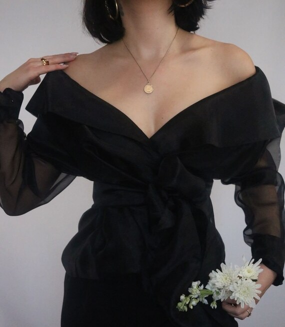 Vintage Noir Elegant Organza Wrap Blouse