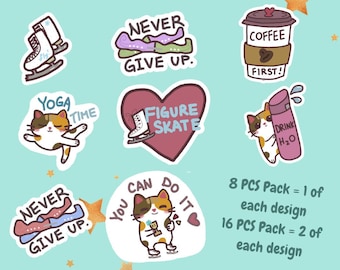Cute Figure Skate Stickers Pack | Handmade die cut laptop, bujo, cat stickers| Decorative sticker sets | Matte or Glossy options|