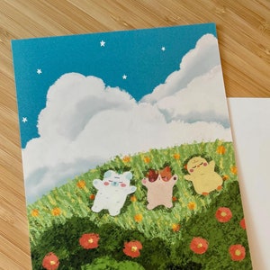 postale d'illustration de jour ensoleillé de Mochi et de ses amis | Impressions d'art mignonnes | Art numérique au pastel à l'huile
