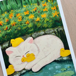 Whimsical Beige Cat with Duckies by the Pond 5x7 Art Print, Postcards | Cute Illustrations | Art Print and Waterproof Sticker Combo Set