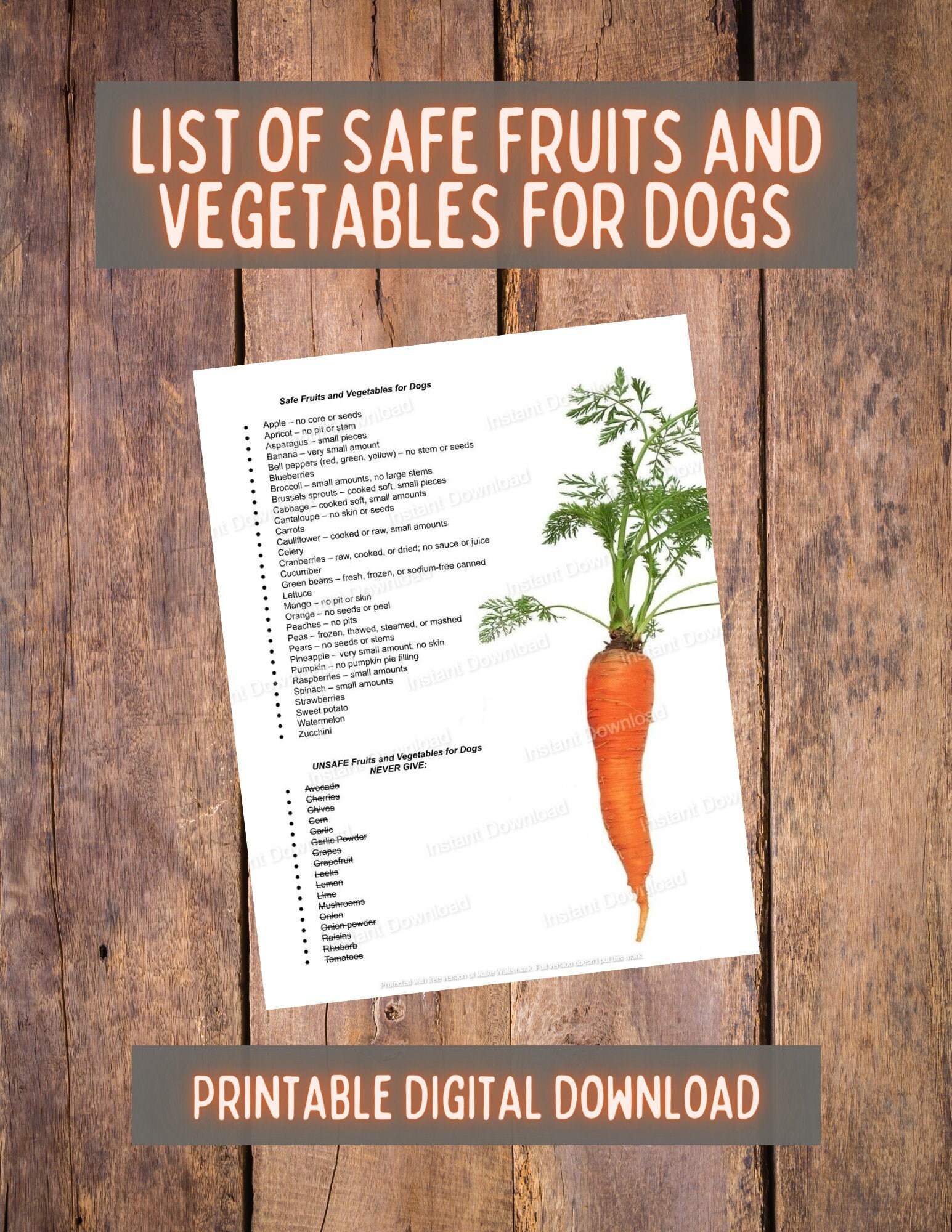 List Of Safe Fruits And Vegetables For Dogs Printable Digital Download 