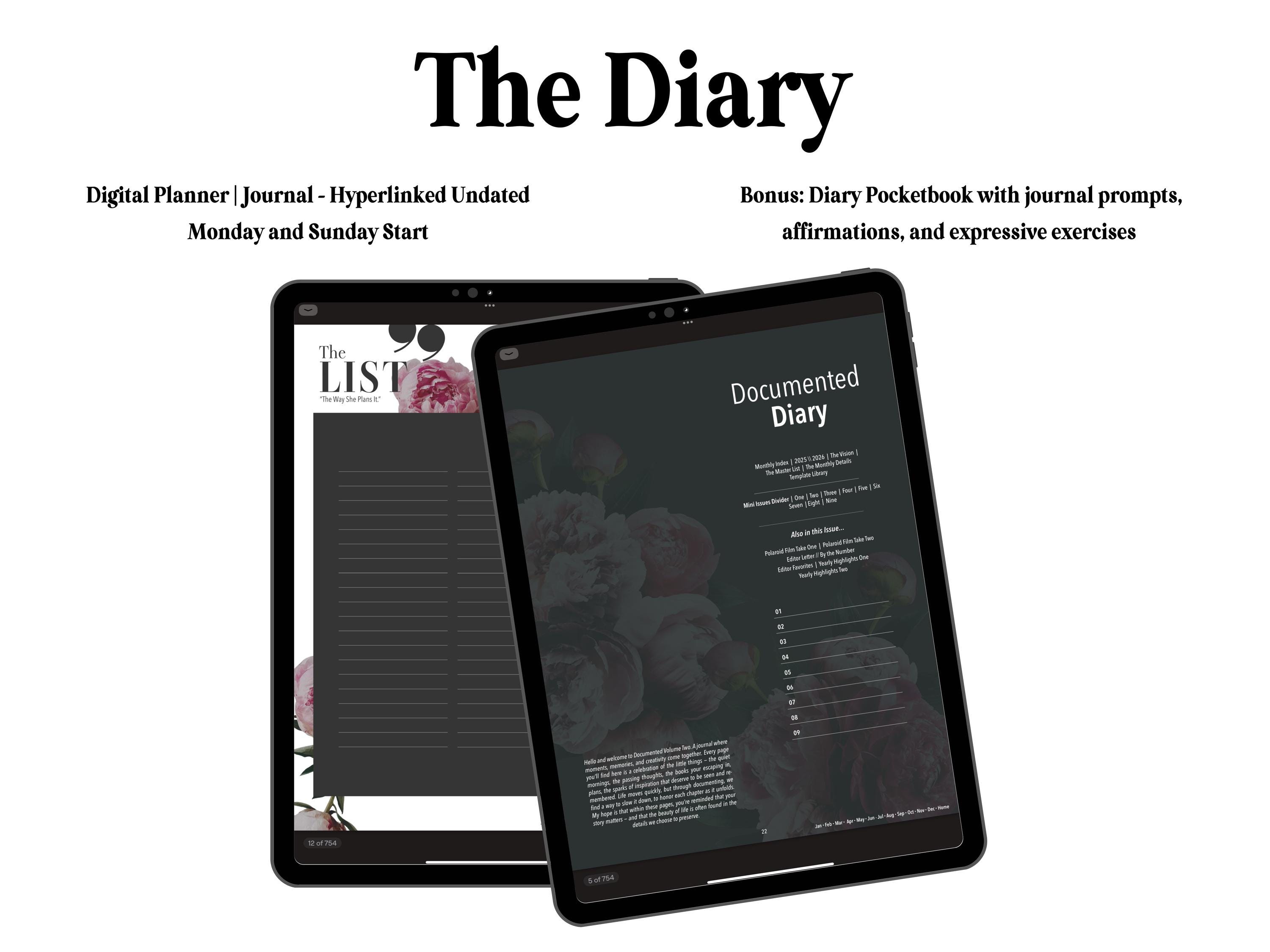Documented Diary | Digital Journal and Prompt Book | Undated | Monday and Sunday Start