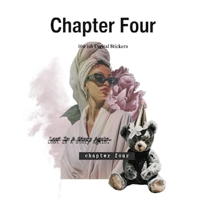 Puede incluir: Conjunto de pegatinas digitales titulado "Capítulo Cuatro" con una mujer con gafas de sol y un oso de peluche. La imagen incluye el texto "Lost I'm A Story Again" y "100 ish Digital Stickers."