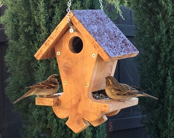 Hanging Wood Bird Feeder Bird House with Roof Hand Crafted Handmade Yard Patio Outdoor Garden