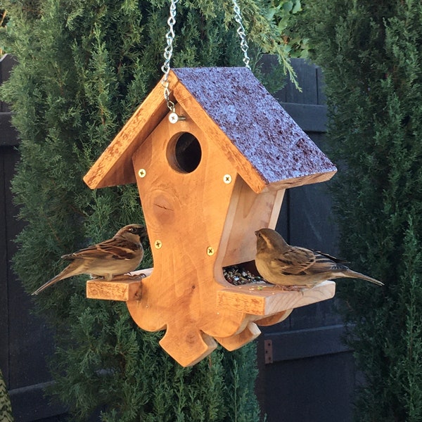 Hanging Wood Bird Feeder Bird House with Roof Hand Crafted Handmade Yard Patio Outdoor Garden