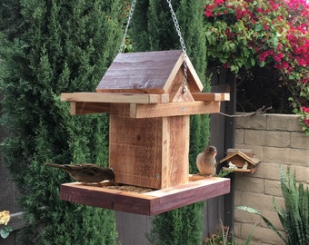Hanging Wood Bird Feeder Bird House with Roof Hand Crafted Handmade Yard Patio Outdoor Garden