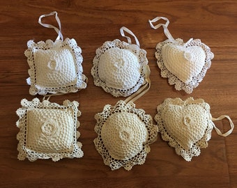 6-Pack of 3 Shapes Handmade Crochet Sachets Heart Square Round Cream/White Color NO SCENT
