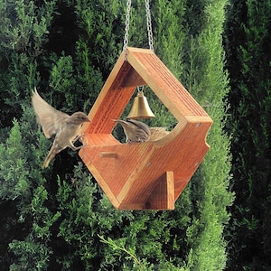 Può includere: Un'altalena per uccelli in legno a forma di diamante, appesa a una catena. Presenta una piccola campana di ottone e ospita due piccoli uccelli, uno in volo. L'altalena è ambientata su uno sfondo di verde fogliame.