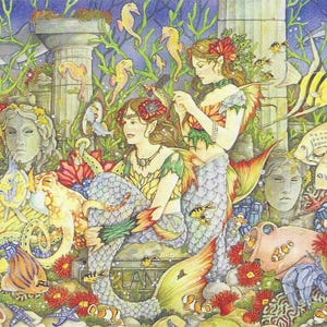 May include: A colorful underwater scene with two mermaids, one with long flowing red hair and the other with short brown hair. They are surrounded by seahorses, fish, and coral. The mermaids are wearing seashell jewelry and have long flowing tails. The scene is painted in a whimsical style with bright colors and intricate details.