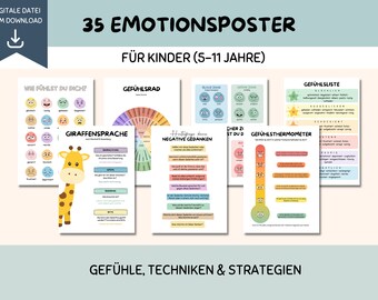 35 carteles de sentimientos para niños, carteles de emociones, comprensión de los sentimientos, regulación de las emociones, fortalecimiento de la inteligencia emocional, estrategias y técnicas