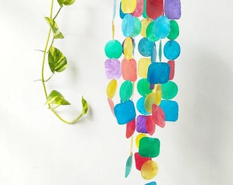 Rainbow Capiz Shell Wind Chime, Capiz Shell Mobile, Colorful Boho Wind Chime Tropical Beach Boho Patio Decor, Boho Home Decoration