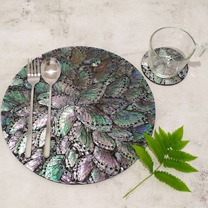 Set mit 2/4/6 Abalone Shell Tischset und Untersetzer - Geschirrset für Mama, Tischdekoration für Thanksgiving, luxuriöse Tischunterlage